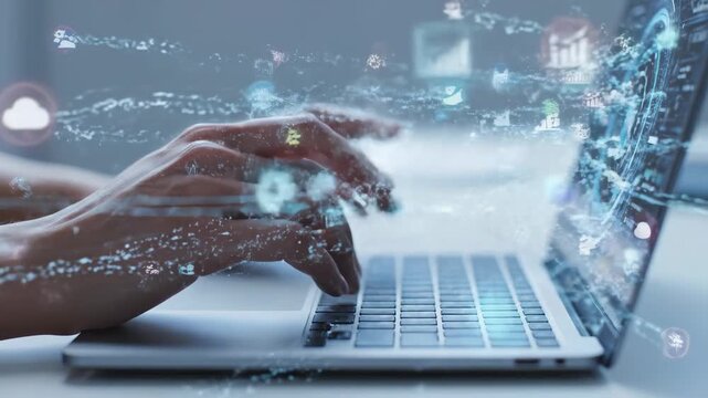 Digital Innovation at Your Fingertips - Hands actively type on a laptop keyboard, with digital icons and data streams emanating from the screen, illustrating seamless digital interaction and