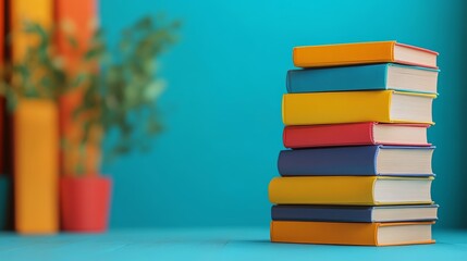 Stack of Colorful Books Against Pink and Blue Background – Education and Learning Concept