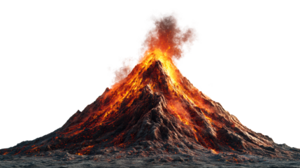 Active volcano erupting with molten lava flowing and ash clouds rising, cut out transparent