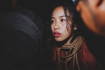 Asian woman held hostage at night bound with rope by thieves for ransom in Thailand