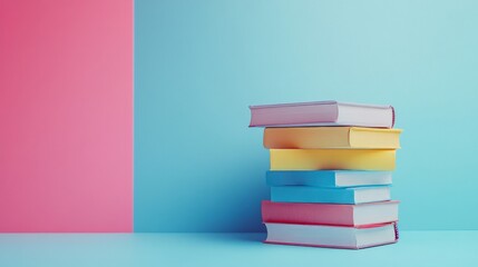 Stack of Colorful Books Against Pink and Blue Background – Education and Learning Concept
