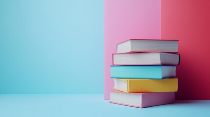 Stack of Colorful Books Against Pink and Blue Background – Education and Learning Concept