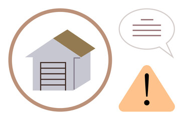 House garage enclosed in a circular frame, warning triangle with exclamation mark, and speech bubble representing discussion. Ideal for safety, communication, real estate, caution, management