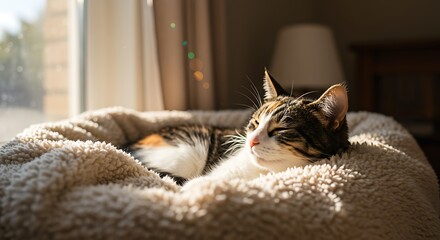 Calico Cat Napping in Sunbeam Cozy and Peaceful Feline Rest