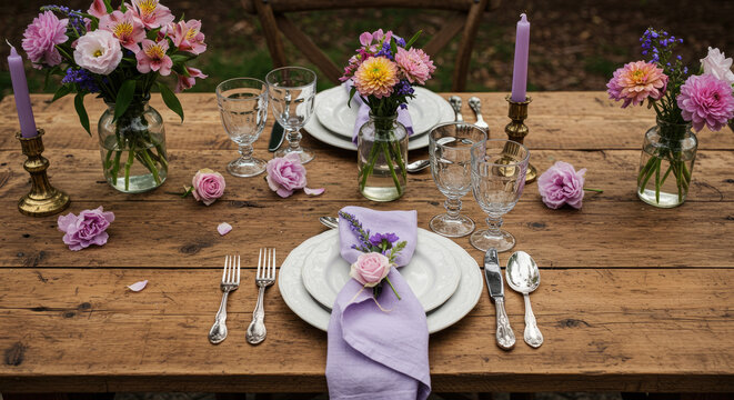 Romantic Rustic Outdoor Table Setting with Flowers.