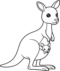 Cute Cartoon Kangaroo with Joey in Pouch Outline on Transparent Background