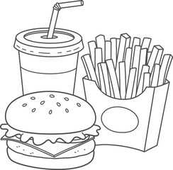 Burger Fries and Soda Outline Illustration for Coloring on Transparent Background