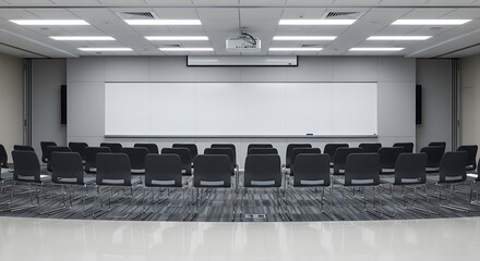 A well lit conference room with multiple chairs arranged in rows is ready for meeting
