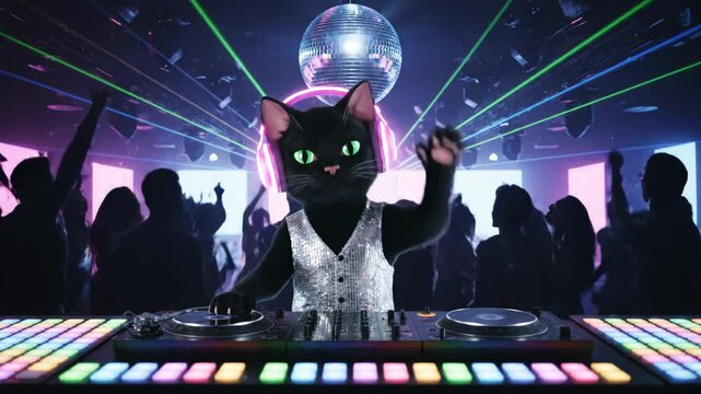 Stylish Cat DJ at Disco Party - A cool black cat wearing headphones and a silver vest DJs at a vibrant disco party.