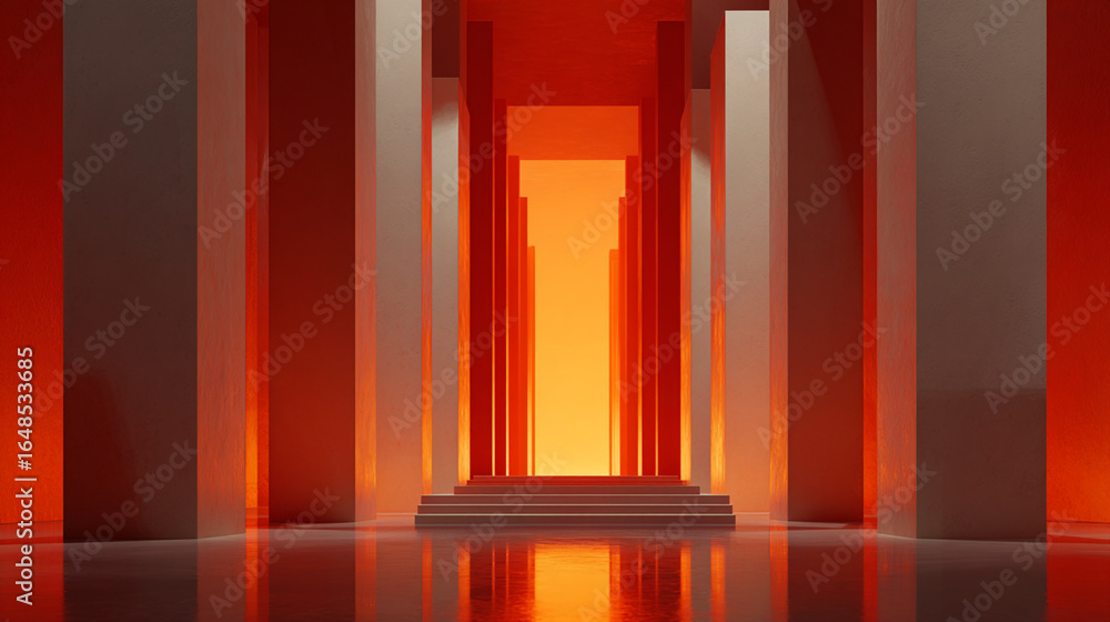 Poster Architectural Abstract with Orange Glow and White Columns on a Shiny Surface