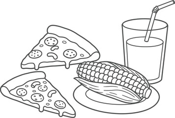 Outline Illustration of Pizza Slices Corn on the Cob and Drink on transparent background
