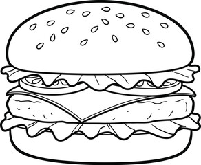 Burger Illustration Outline Style with Sesame Seeds on Transparent Background