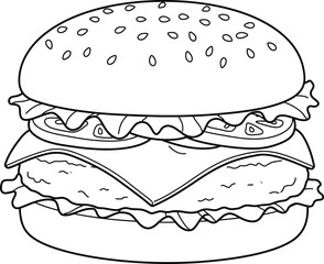 Burger illustration in black and white outline style on transparent background
