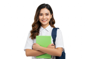 Young asian female student with book and backpack isolated on transparent background