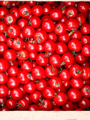 A pile of fresh red tomatoes with green stems at a local market.