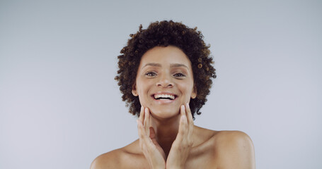 Portrait, skincare and smile of woman in studio for dermatology, natural or organic cosmetics....