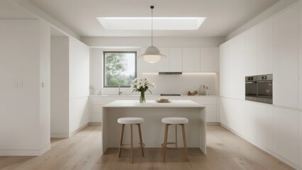 Fototapeta premium Modern minimalist kitchen with white cabinetry, wooden floor, and natural light from a window.