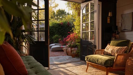 Open French doors reveal cozy outdoor space with lounge chair, vibrant greenery, and warm sunlight