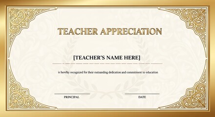 Elegant teacher appreciation certificate design with ornate golden frame and typography