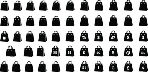 Extensive collection of black shopping bag icons with diverse symbols and text labels commerce retail