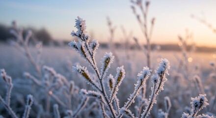 冬の植物、霜、朝焼け風景
