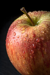 Fresh and juicy red apple with water drops on a black background, a healthy and delicious fruit