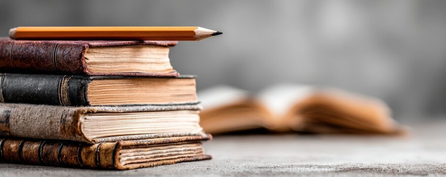 Stack of Old Books with Pencil