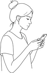 Woman Using Smartphone Line Art Illustration on transparent background