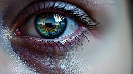 Tearful eye close-up, reflecting loss. Symbolizes sadness, emotion, memory. Ideal for mental health campaigns, grief support, dramas, or social awareness content. Expressive. - Powered by Adobe