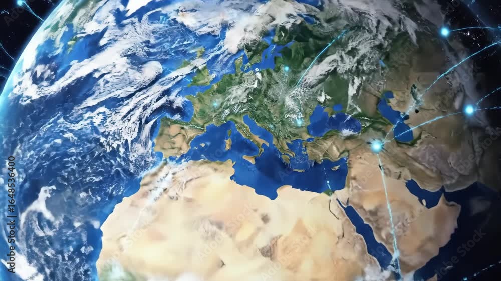Aufkleber global communication network - a detailed video of earth with glowing blue lines illustrating a glob
