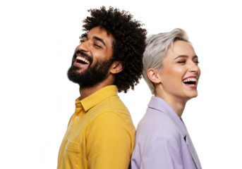 Happy couple laughing together isolated on transparent background