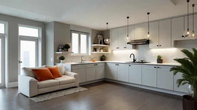 Realistic 3D render of a modern home living space showcasing elegant decor, comfortable furnishings, and a cohesive interior design concept