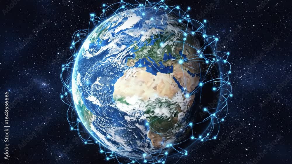 Poster global communication network - a detailed 3d video of earth, enveloped by a glowing network of inter