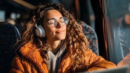Woman listening to music on headphones while using laptop on a bus