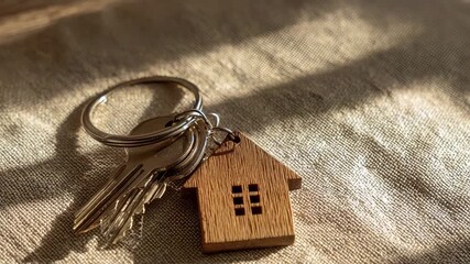 Rustic wooden keychain in the shape of a house with metal keys, placed on a textured oak table, soft golden sunlight casting shadows through sheer curtains - Powered by Adobe