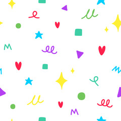 Seamless Colorful Doodle Pattern with Fun Elements on White Background for Kids and Party Design, Illustration vector 10 eps.