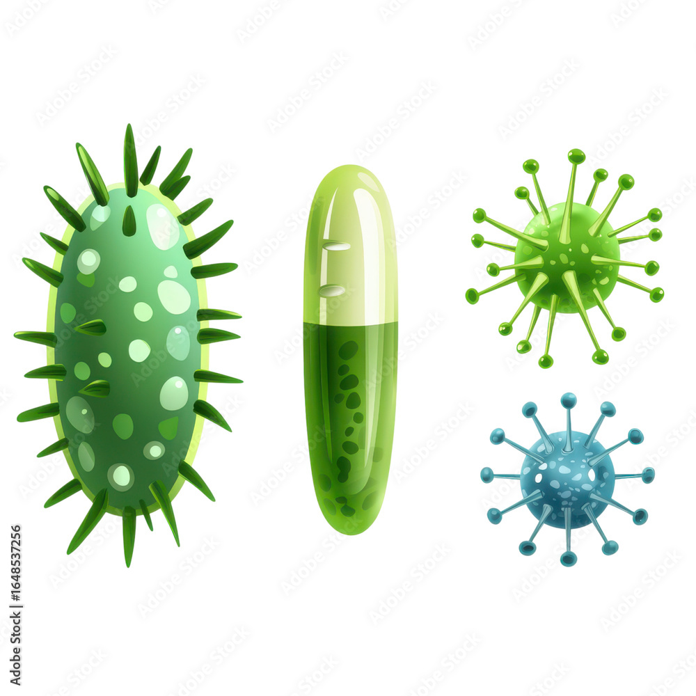 Poster set of digital illustrations of bacteria and viruses in vibrant colors. isolate on transparent backg