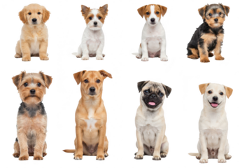 Collection of eight cute puppies of different breeds isolated on transparent background