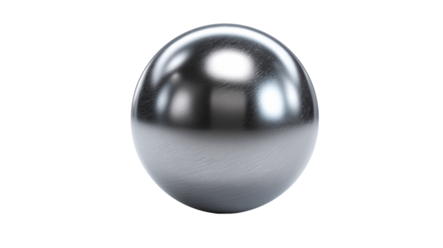 Polished metallic sphere with fine surface texture against a white background, cut out transparent