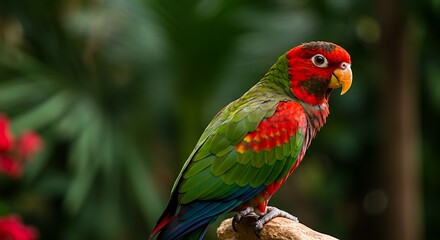 Vibrant Red-and-Green Parrot Perched on Branch in Lush Foliage