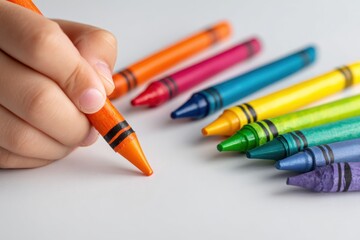 Creative Hand Holding Orange Crayon Among Colorful Crayons
