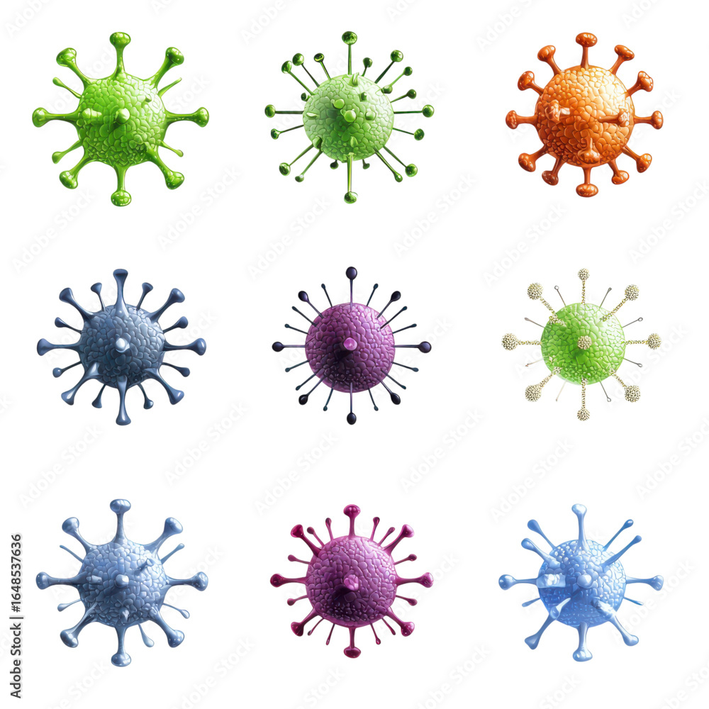 Poster set of digital illustrations of virus particles in various colors. isolate on transparent background