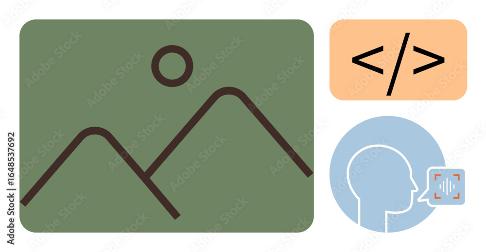 Poster landscape icon next to coding brackets and a speech recognition concept. ideal for technology, ai, c