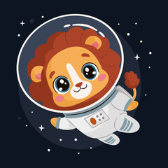 Vector illustration in a simple children's style. A cute lion cub flies through space in an astronaut suit, a cute cosmonaut. Vector illustration