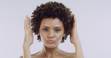 Frame, hair and portrait with woman in studio for shampoo satisfaction or treatment results. Afro,...