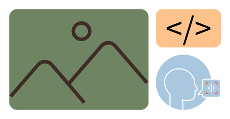 Landscape icon next to coding brackets and a speech recognition concept. Ideal for technology, AI, coding, interface design, machine learning, digital media, voice recognition. Simplistic flat