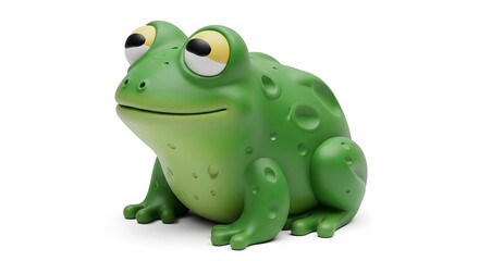 A bright green cartoon frog with large yellow eyes sits against a plain white background, looking slightly upward.