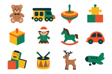 Assorted toys icons featuring teddy bear train spinning top and more