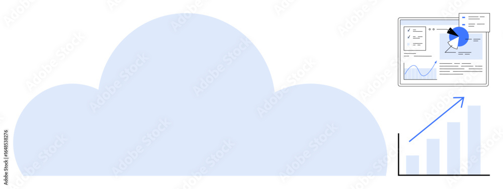 Poster cloud element, data analysis dashboard, pie chart, line graph, growth bar chart, upward arrow. ideal