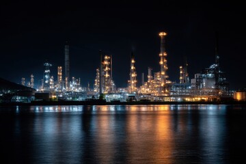 Fototapeta premium Illuminated Industrial Complex at Night with Reflection on Water